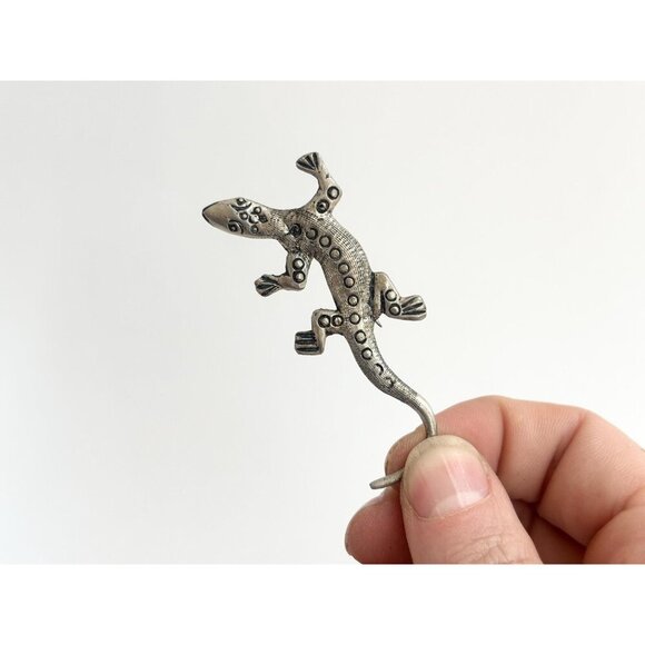 Lizard Figural Textured Large Peruvian Made Sterling Silver Vintage Brooch - Picture 9 of 9